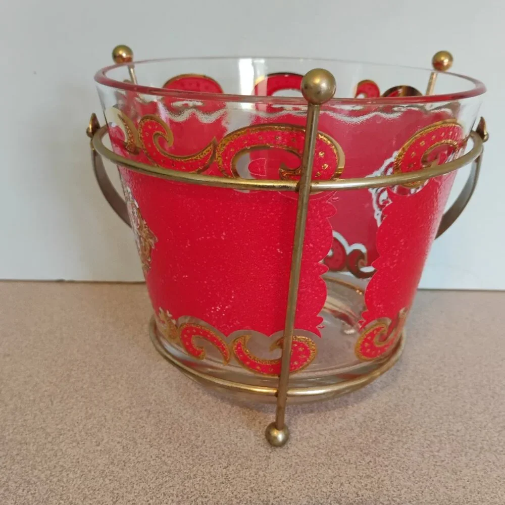 Starlyte Red Enamel and Gold Vintage Ice Bucket and Carrier